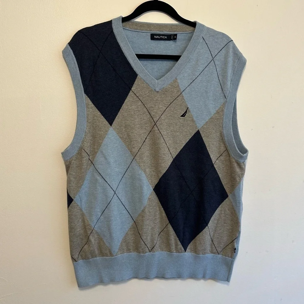 Nautica Diamond Blue And Gray Vest Sweater MEN'S XL